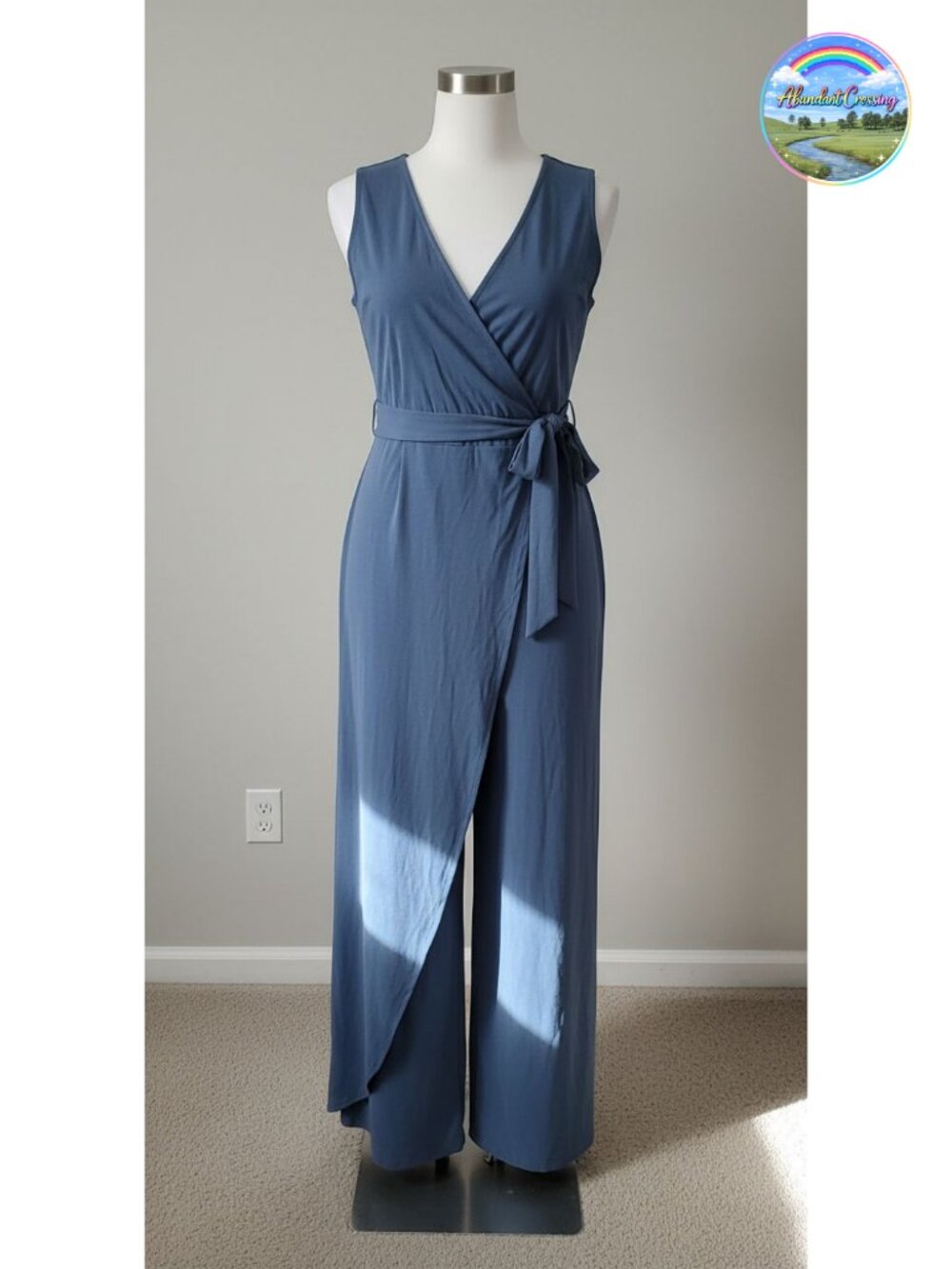 Womens Sleeveless V-Neck Tie Waist Wide Leg Jumpsuit Romper One Piece